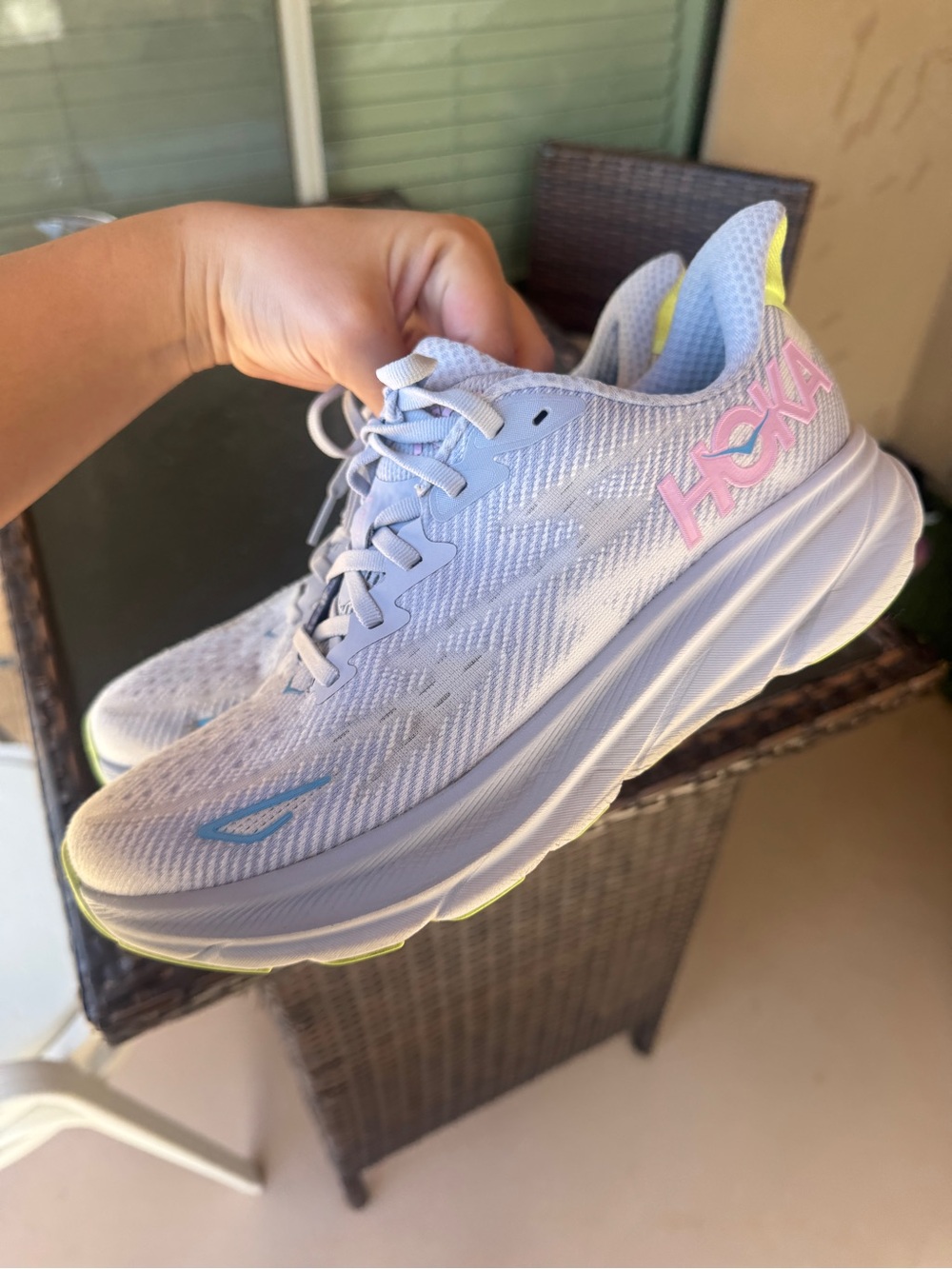 HOKA Women's Light Blue Running Shoes with Pink Logo Clifton 9